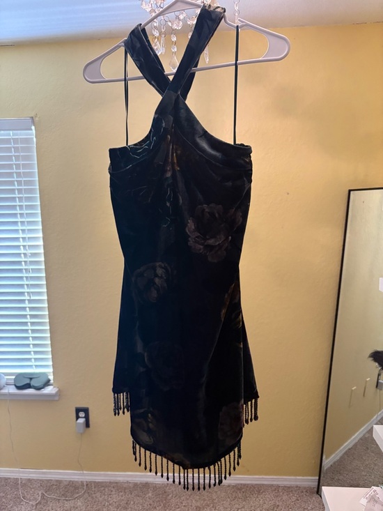 Zara Black Floral Halter Mini Dress with Beaded Fringe - Picture 3 of 3